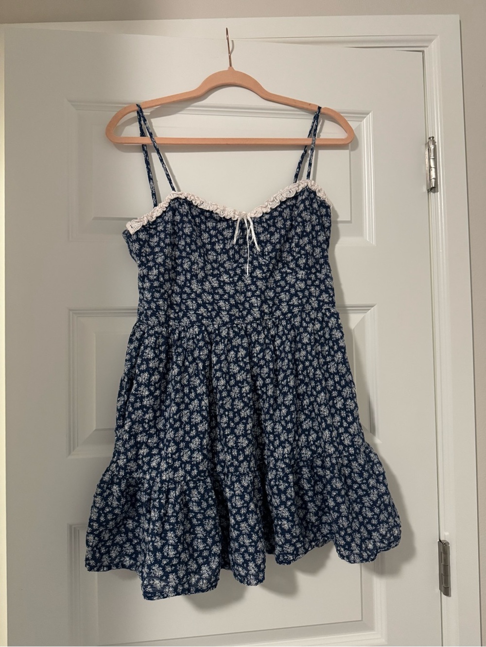 Francesca’s Blue Floral Tie-Front Sundress with Lace Trim